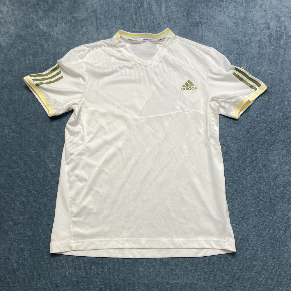 Adidas T Shirt Mens Small White V Neck 3 Stripes Logo Sportswear Performance
